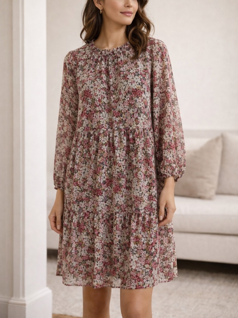 LOFT Medium Tiered A Line Dress Ruffle Neck Pink Floral Chiffon